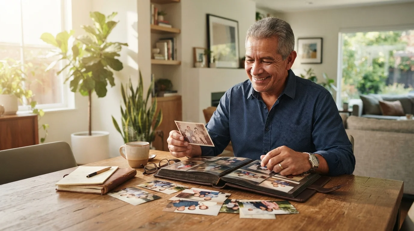 An older man looking through a family photo album at home